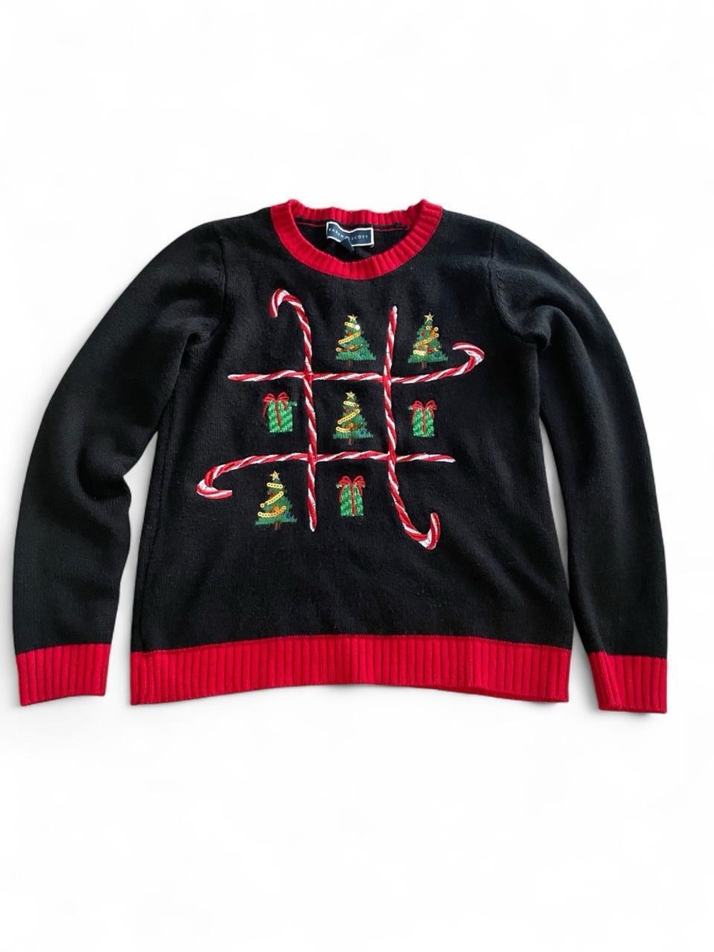 Karen Scott Black Sweater with Red Trim and Green Embroidery